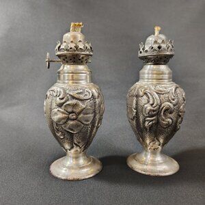 Vintage Ornate Metal Oil Lamps – 2 Embossed Flower & Scroll Restoration Hardware